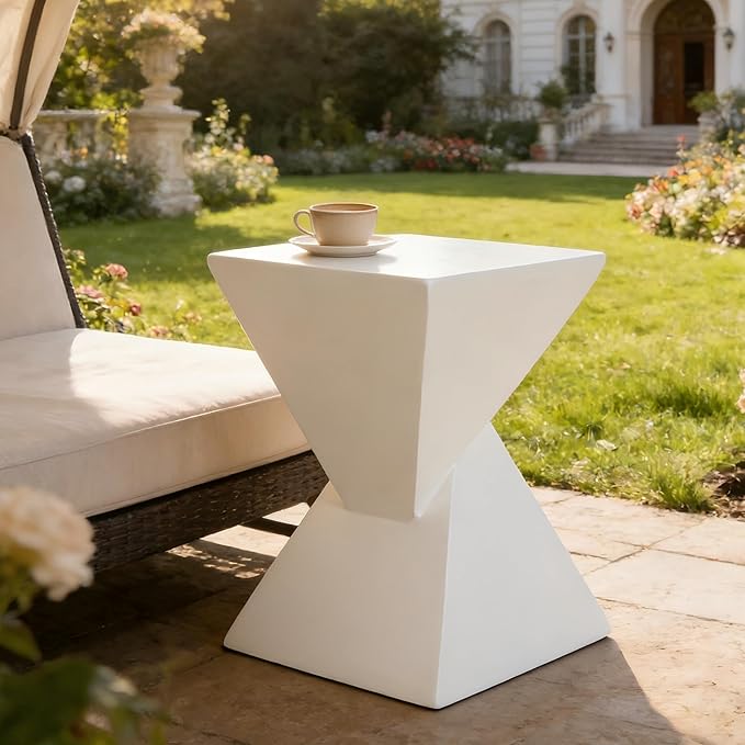 ø12.5'' Square Hourglass Side Table End Table for Living Room, Modern Retro Style, Magnesium Oxide & Light Weight for Indoor & Outdoor, No Assembly, Wood Grain, White