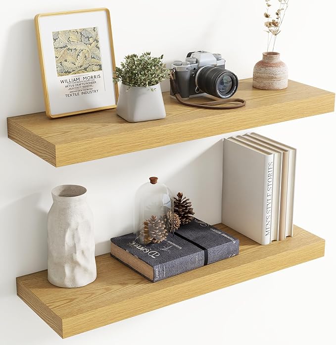 30 Inch Floating Shelves for Wall, 8 Inch Deep Floating Shelf for Storage & Display, Rustic Wall Mounted Shelf with Invisible Brackets for Living Room, Kitchen, Bathroom, Home Decor, Set of 2, Oak