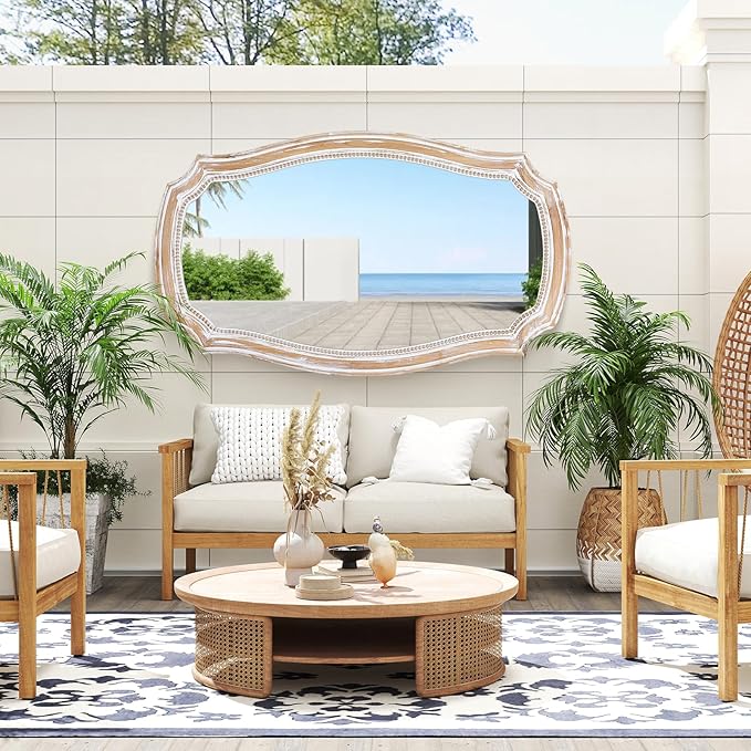 36x24 Inches Rustic Scalloped Wall Mirror, Baroque Irregular Curved Shape with Beaded, Distressed Wooden Decorative Hanging Mirror for Living Room, Bedroom, Entryway - Horizontal or Vertical