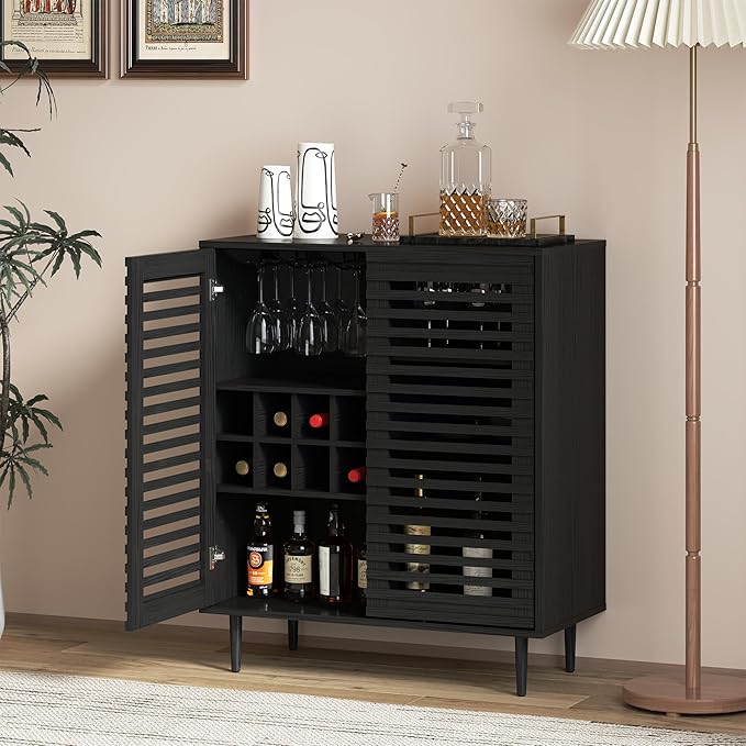 Mid Century Bar Cabinet with Wine Racks, Modern Liquor Cabinet with Slatted Doors for Dining Room, Living Room (Black)