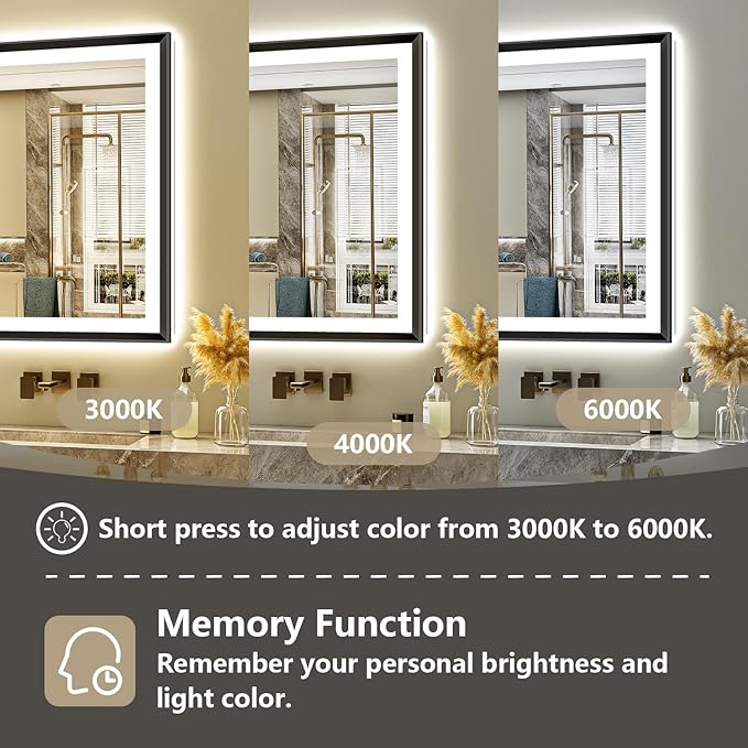 40x32 Black Framed LED Bathroom Mirror with Lights, Backlit and Front Light, Lighted Bathroom Vanity Mirror for Wall Dimmable Anti-Fog Memory Tempered Glass Horizontal/Vertical