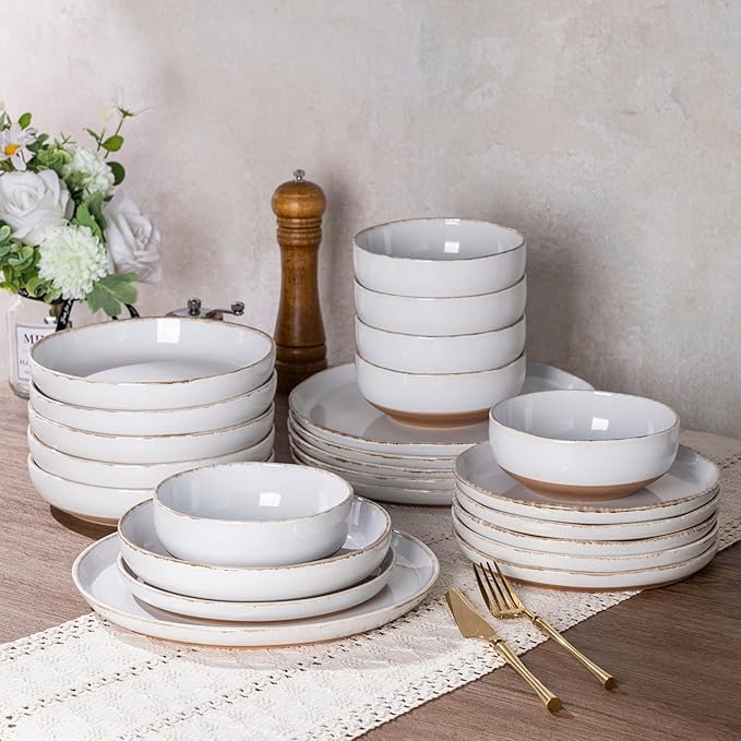 AmorArc 24 Pieces Ceramic Dinnerware Sets for 6, Handpainted Plates and Bowls Set with Rustic Terracotta Underside, Scratch Resistant Stoneware Dishes Set, Dishwasher & Microwave Safe, White