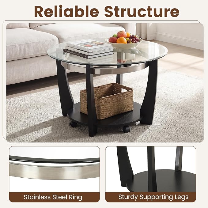 GOFLAME Glass Coffee Table with Storage, 32” Rolling Round Center Table with Tempered Glass Top, Solid Rubber Wood Legs, Wheels, Mid-Century Modern, 2-Tier Circle Tea Tables for Living Room (Black)