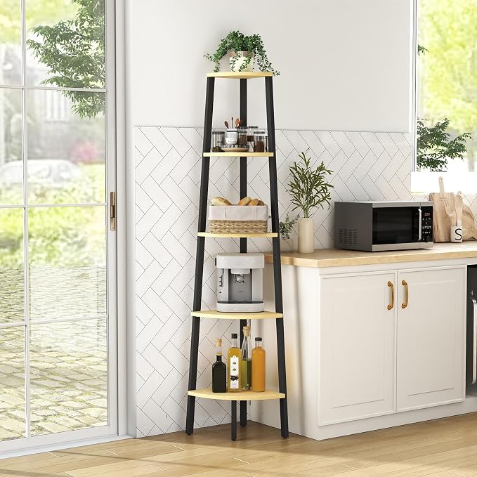 Corner Shelf, 5 Tier Ladder Corner Bookshelf, Display and Bookshelf Stand Unit, Anti Tip Feature, Space Saving, Ideal for Plants, Books, Living Room, Bedroom, Natural Oak
