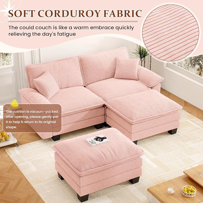 Modular Sectional Sofa Cloud Couch, Comfy Corduroy Loveseat with Ottoman Upholstered Deep Seat Sleeper Sofa Bed 2 Seater Couch Oversized Chaise Lounge Chair Indoor for Living Room Bedroom, Pink