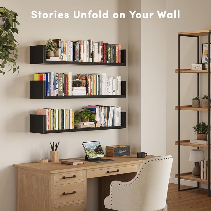 Wall Bookshelf, Set of 3, U Shaped Floating Bookshelf, Hanging Bookshelves for Wall, Wall Mounted Shelves for Living Room Bedroom Office (Black, 23.6 Inches, 3)