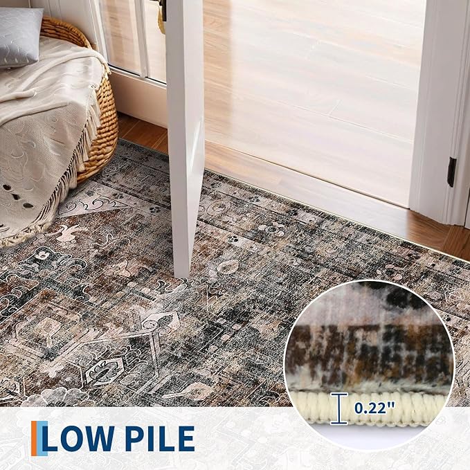 Washable Boho Vintage 8x10 Area Rug Non Slip Boho Medal Living Room Rugs Non Shedding Farmhouse Distressed Carpet Mat Foldable Thin Retro Large Rug for Office Nursery Playroom Brown