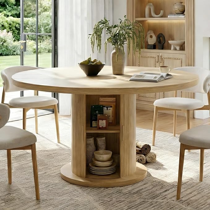 Round Dining Table for 4-6, 43.3" Modern Farmhouse Kitchen Table with Hidden Storage & Tambour Door, Japandi Style Wood Pedestal Circle Table for Small Spaces, Apartment, Dining Room, Classic Oak