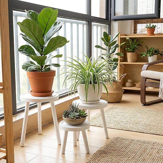 3-Pack Wood Plant Stands Indoor, Single Plant Stand for 6-12 Inch Pots, Mid-Century Modern Plant Stool, Tall Plant Stand for Large Plants for Living Room, Balcony, Office (White)
