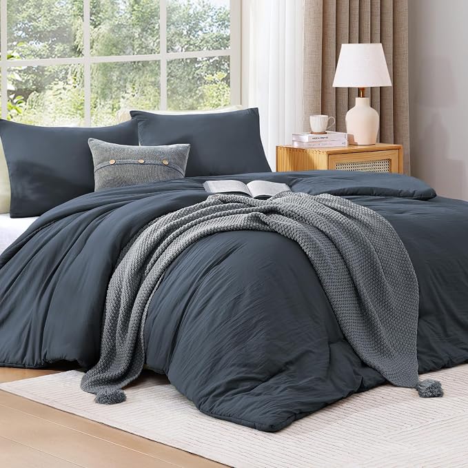 WRENSONGE King Size Comforter Set - 3 Pieces Blue Grey Comforter Prewashed Soft Lightweight for All Seasons,Fluffy Down Alternative Comforter King Size with 2 Pillow Shams