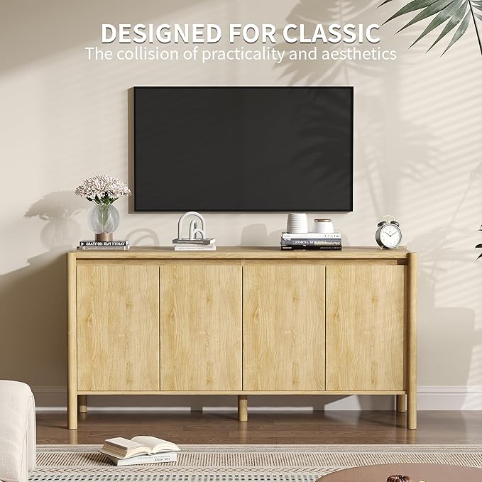 59" Wide Oak Buffet Cabinet Storage,4 Doors and Adjustable Shelves,Solid Wood Round Legs,Wood Mid Century Sideboard for Kitchen,Living Room,Coffee Bar.