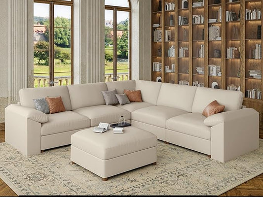 EASE MOOSE Oversized Modular Sectional Couch with Ottoman, Faux Leather Sectional Sofa with Deep Seat, Scratch Resistant Faux Leather Material, Extra Large L Shaped Couch,Beige