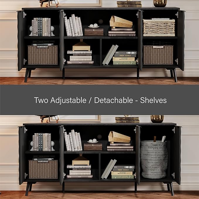 62'' Diamond Flute Sideboard Buffet Cabinet, Diamond Shaped Relief Storage Cabinet with Adjustable Shelves, Accent for Living Room, Entryway,Hallway (Advanced Black Wood Grain)