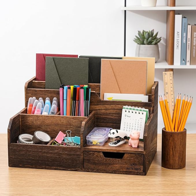 Pumtus Brown Wooden Desk Organizer, Mail Organizer with 7 Compartments and Drawer, Rustic Mail Sorter with Pen Holder, Tabletop Mail Basket, Office Accessories Holder for File Letter Document