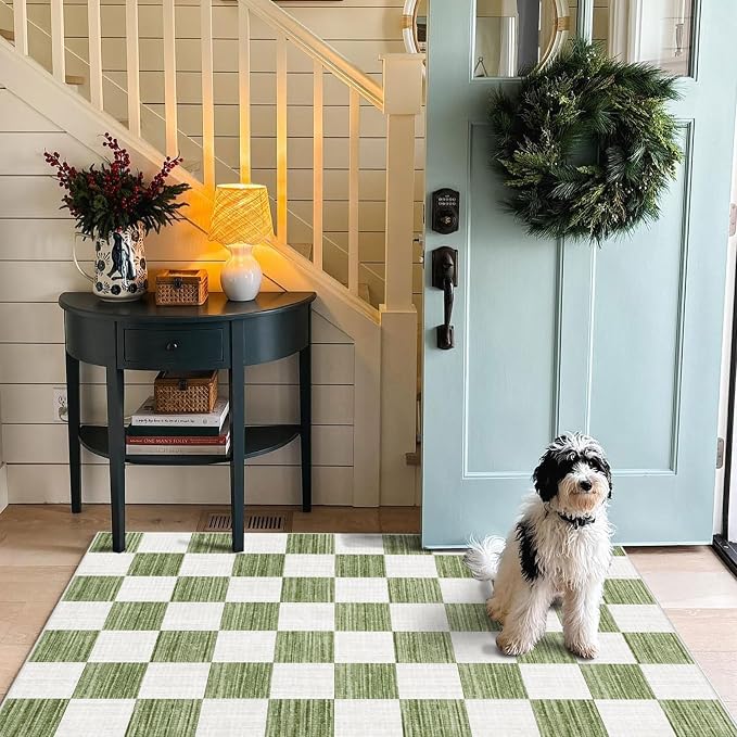 Green White Checkered Entry Rug - 3x5 Ft Non-Slip Washable Indoor Outdoor Front Door Mat Outside Entrance Porch Rug Geometric Rugs for Living Room Bedroom Entryway Kitchen Office Porch Decor