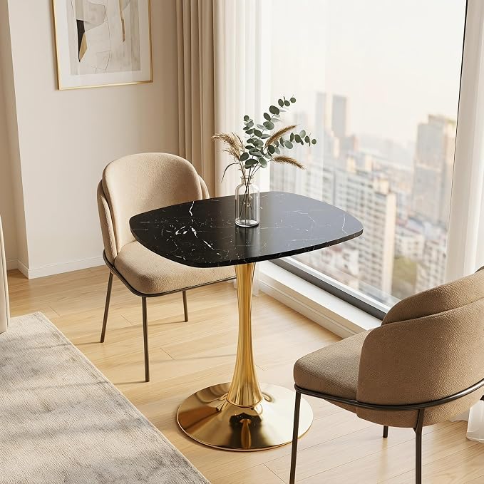 24 Inch Square Tulip Bistro Table for 2-4, Small Dining Table with Gold Metal Pedestal Base, Black Faux Marble Top Kitchen Table, Modern Square Cafe Table for Apartment Living Room Office Small Space