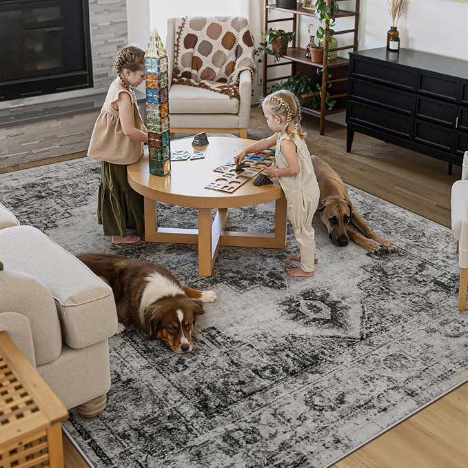 Area Rug 8x10 Vintage Rugs: Large Washable Indoor Medallion Rug Low Pile Distressed Floor Carpet Retro Accent Rugs for Living Room Bedroom Kitchen Dining Table Home Office(Black, 8'x10')