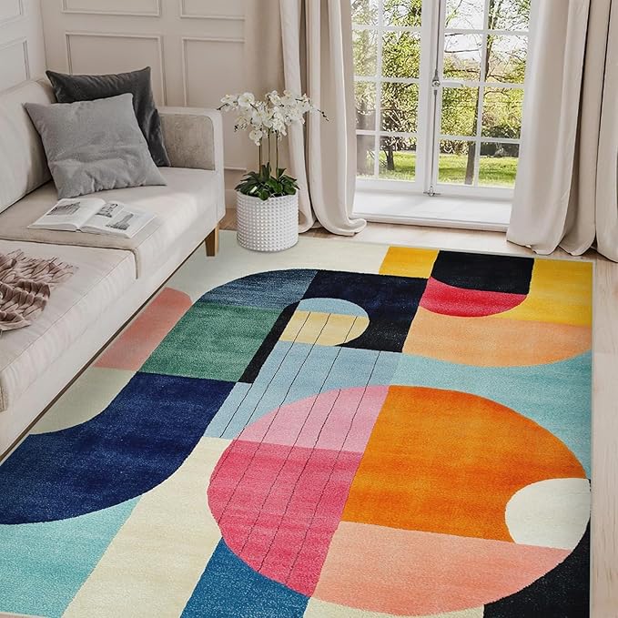 8x10 Colorful Area Rug Modern Abstract Orange Yellow Pink Blue White Beige Black Bedroom Rug Low Pile Thin Large Carpet Living Room Non Slip Dining Room Stain Resistant Office Washable Machine