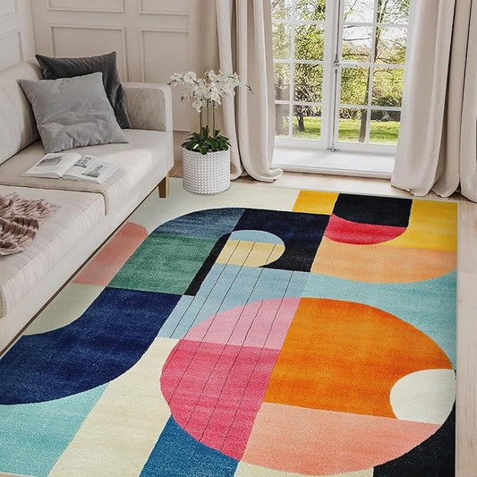 9x12 Colorful Area Rug Modern Abstract Orange Yellow Pink Blue White Beige Black Bedroom Rug Low Pile Thin Large Carpet Living Room Non Slip Dining Room Stain Resistant Office Washable Machine