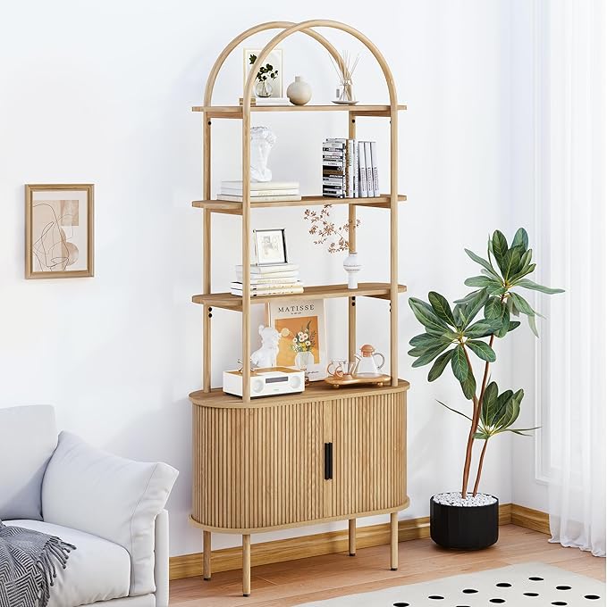Turtle&Myrtle Tall Arched Bookshelf, Mid Century Modern Fluted Bookcase Cabinet with Sliding Doors, Curved Metal Frame Bookcase, Industrial Storage Display Shelving for Living Room, Bedroom (Natural)