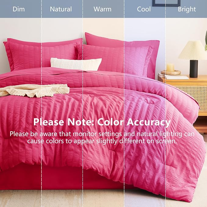 CozyLux Full Size Comforter Sets Hot Pink, 7 Pieces Seersucker Textured Luxury Bed in a Bag, All Seasons Soft Bedding Sets with Down Alternative Comforter, Sheets, Pillowcases & Shams, Home Gift