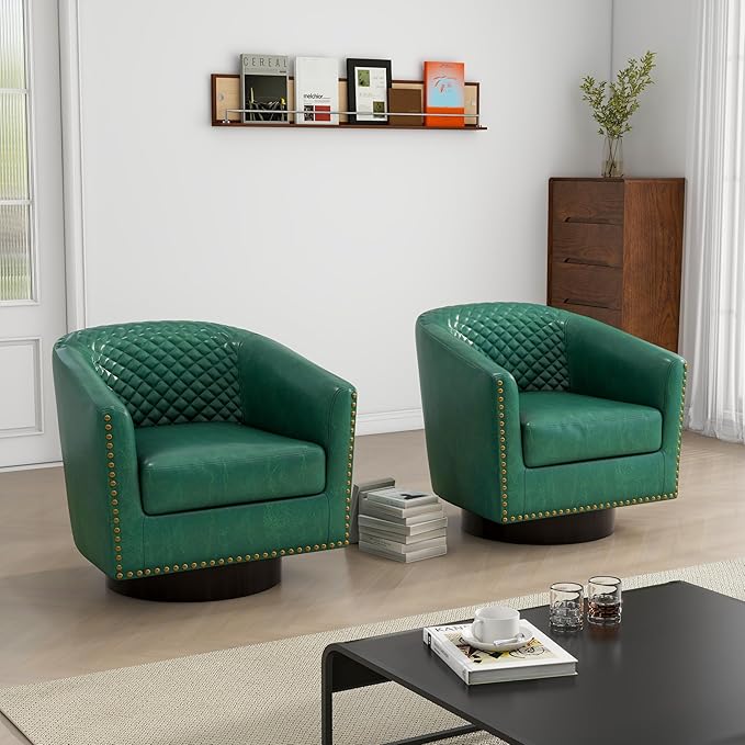 Swivel Barrel Accent Chair, Comfy Modern Upholstered Round Faux Leather Arm Chair for Living Room, Bedroom（Green, Set of 1
