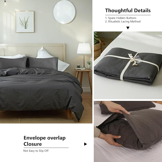 FALUCA French Linen Blend Duvet Cover Set 3Pcs Queen (88"x92") - Soft, Breathable, Cooling Farmhouse Bedding for Summer Hot Sleeper (Queen, Dark Grey)