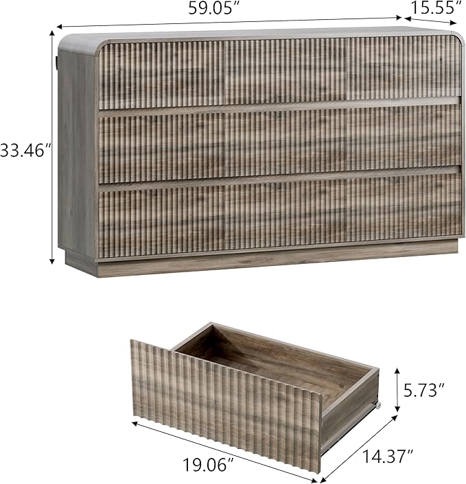Grey Dresser Fluted 9 Drawers Dresser for Bedroom, 59" Wide Wood Chest of Drawers with Hidden Handles & Rounded Corners, Modern TV Stand Storage Cabinet for Living Room, Hallway, Entryway, Gray
