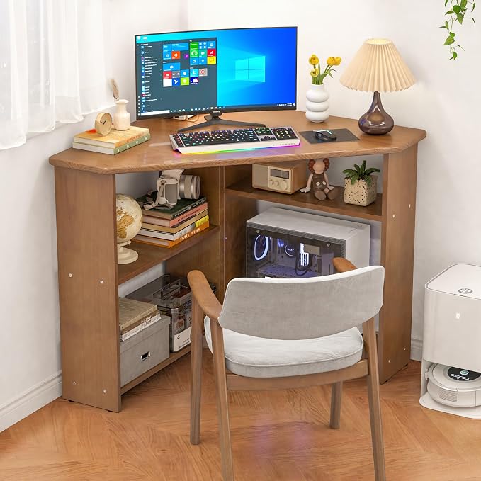 31.5” Small Corner Desk with Storage - L Shaped Desks with Storage, Solid Wood Desk with Shelves, Corner Computer Desk for Small Spaces, Writing Desk for Bedroom&Home Office - Walnut