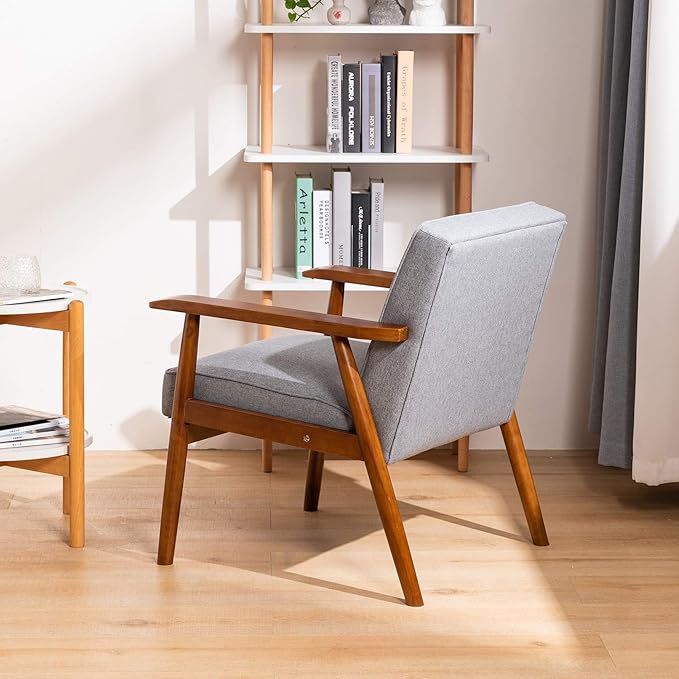 UNICOO® Mid-Century Retro Modern Accent Chairs, Solid Wood Armrest Lounge, Upholstered Mid Century Modern Chair, Walnut Finish with Innerspring Seat Cushion, Linen-Look Fabric (U205-1-GY)