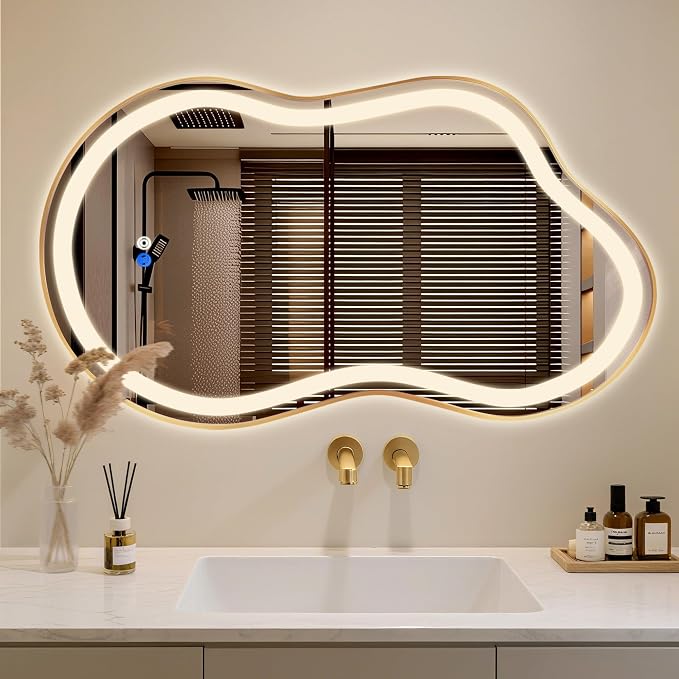 Irregular LED Bathroom Mirror with Lights, Cloud Smart Backlit Mirror, Dimmable Lighted Bathroom Gold Mirror with Anti-Fog, Asymmetrical Vanity Mirror Hangable 2 Ways (Gold, 26 x 46, 1 Pack)