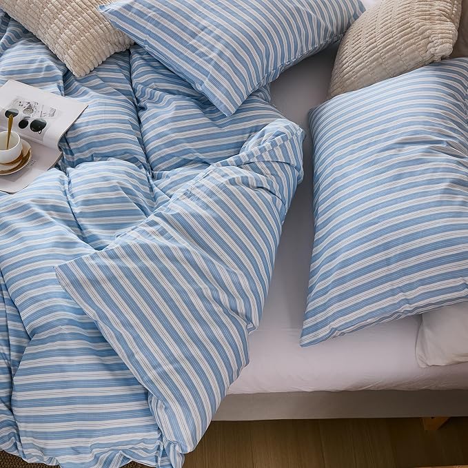 Merryword Blue and White Striped Duvet Cover Set King Size, 100% Cotton Linen Like Textured Bedding with Classic Vertical Stripes, Soft Lightweight Reversible Comforter Cover for All Seasons