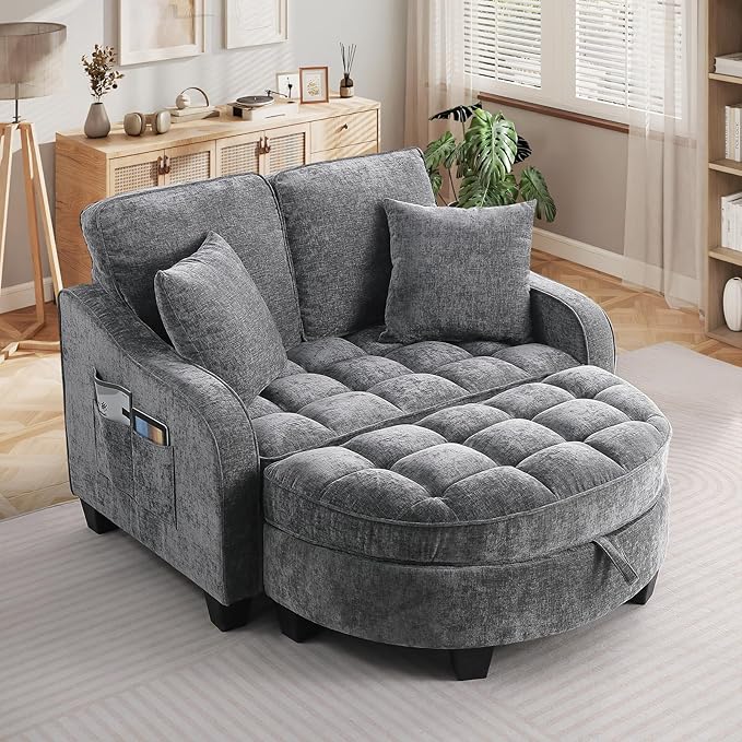 Oversized Chaise Lounge Chair Indoor with Ottoman, Chenille Tufted Comfy Loveseat Sofa Chair with Adjustable Backrest, Fluffy Recliner Sofa, Convertible Couch Sleeper Bed for Living Room(51"W, Grey)