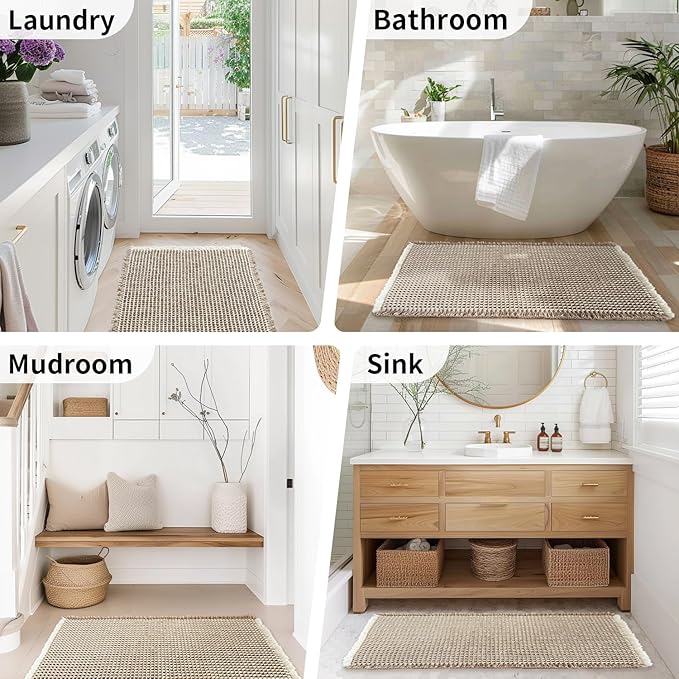Waffle Runner Bath Mat - Long Boho Bathroom Rugs Non Slip Washable, Super Absorbent & Quick Dry, Soft Bath Mat Farmhouse Bathroom Decor, 24'' x 60'', Khaki and White