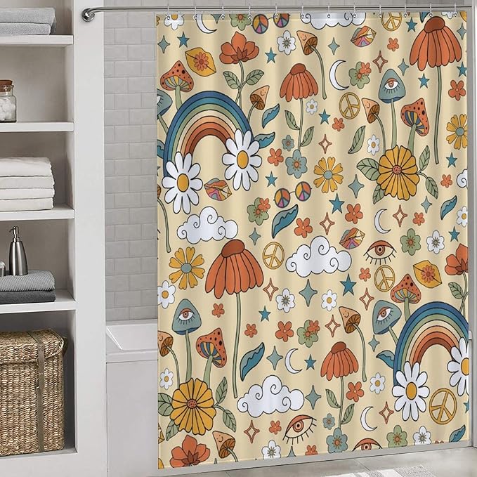 70s Mushroom Shower Curtain, Retro Groovy Hippie Funky Boho Rustic Cute Vintage Colorful Botanical Plants Pattern Orange Waterproof Fabric Bathroom Shower Curtain Set with Hooks, 72"x72" Inch