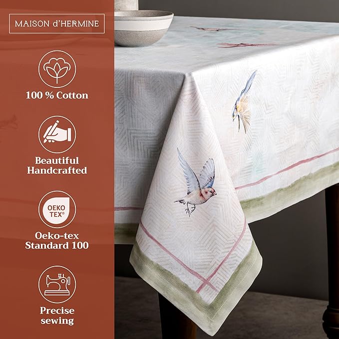 Maison d' Hermine Table Cloth Rectangle Table 100% Cotton 60 x 120 Inches Tablecloth Reusable Decorative for Dining Room Farmhouse Home Valentines Day Decorations Spring Summer - Flying Birds