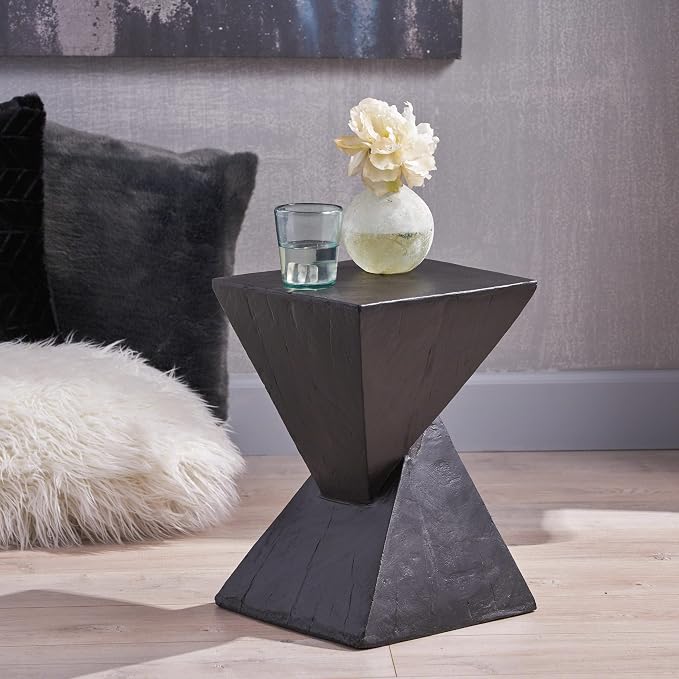 ø12.5'' Square Hourglass Side Table End Table for Living Room, Modern Retro Style, Magnesium Oxide & Light Weight for Indoor & Outdoor, No Assembly, Wood Grain, Black
