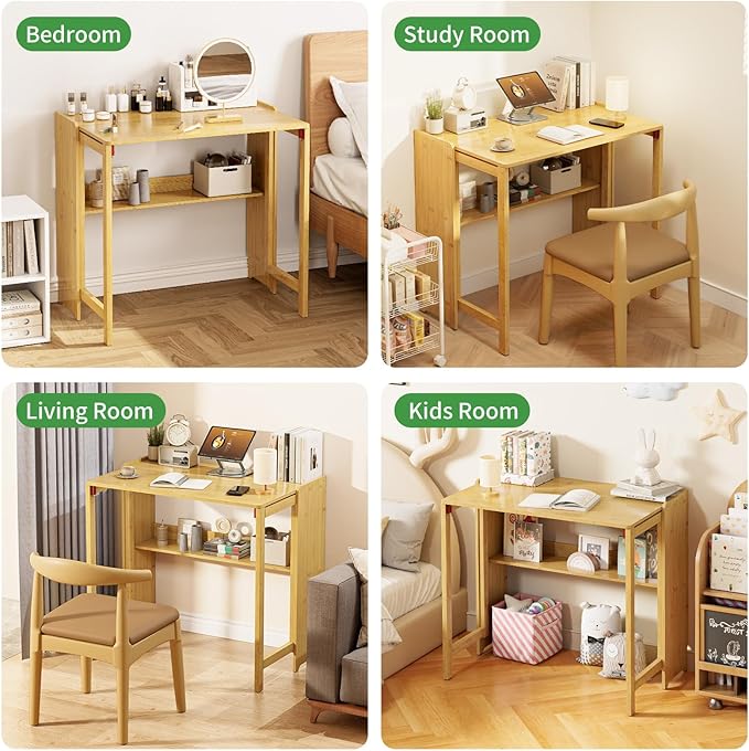 Bamboo Foldable Desk, Folding Desks for Small Spaces, Mid Century Small Computer Desk with Bookshelf for Bedroom Home Office, Natural