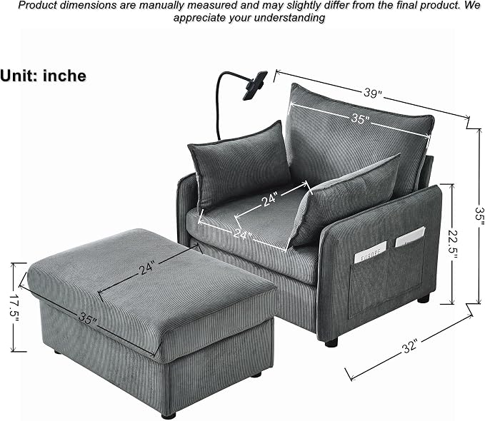 55" Modern Accent Chair with USB Ports, Storage Ottoman & Adjustable Holder, Corduroy Chaise Lounge for Reading in Apartment Living Room (Grey)