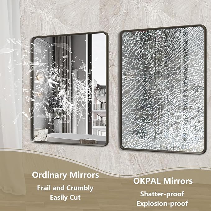 OKPAL 72X36 Inch Black Metal Frame Bathroom Mirror, Black Large Rounded Rectangle Mirror for Wall, Matte Black Bathroom Vanity Mirror, Large Modern Bathroom Mirror, Anti-Rust, Shatterproof