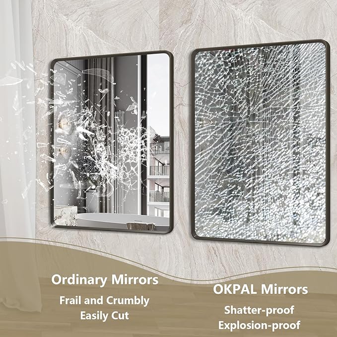 OKPAL 50X40 Inch Matte Black Bathroom Mirror, Black Framed Bathroom Vanity Mirror, Black Rectangle Mirror, Round Corner, Rustproof, Shatter-Proof (Horizontal/Vertical)