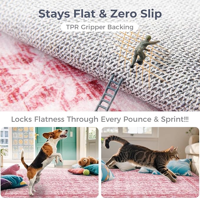 OPPODREAM Vintage Pink 3x10 Runner Rug, 3 x 10 Retro Washable Rug Non Slip, Low-Pile Faux Wool Carpet, Distressed Floor Mat for Kitchen, Hallway, Entry-Way, Entrance, Indoor Back Door