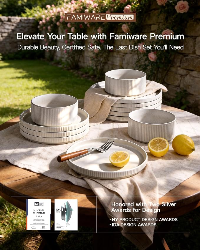 Stoneware Dinnerware Sets, Handcrafted Double Reactive Glaze Plates and Bowls for Everyday & Formal Dining, Microwave & Dishwasher Safe, Scratch Resistant Dishes for 4 (12-Piece), Matte Reactive White