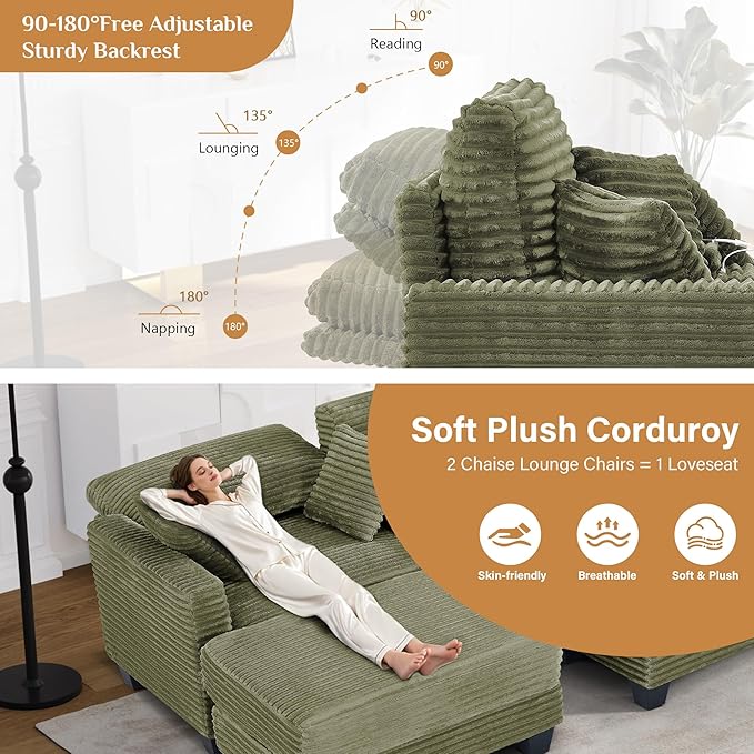Oversized Chaise Lounge Chair Indoor with Adjustable Backrest, USB, Cup Holder & Ottoman, Firm Solid Wood Frame with Long Service Life Corduroy Oversized Lounge Reading Chair for Study Room - Green