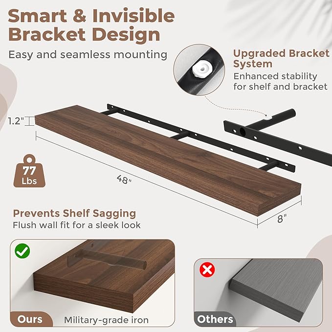 48 Inch Floating Shelves for Wall Set of 2, 8"D Wood Grain Bathroom Shelves with Invisible Brackets, Easy Install Engineered Wood Storage Shelves for Kitchen, Living Room, Bedroom, Walnut Finish