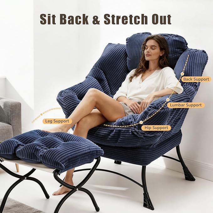 Oversized Lazy Chair with Ottoman for Adults, Chair and Ottoman Set Modern Skinny Lounge Chair with Footrest, Wide Reading Chair for Living Room, Comfy Accent Armchair for Small Spaces, Navy Blue