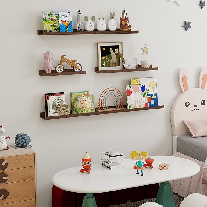 Fun Memories Picture Ledge Shelf, 48 Inch Long Floating Shelves Set of 6, Picture Shelf for Wall with Lip, Large Nursery Book Shelves for Storage, Wall Shelves for Living Room Bedroom Kitchen, Walnut