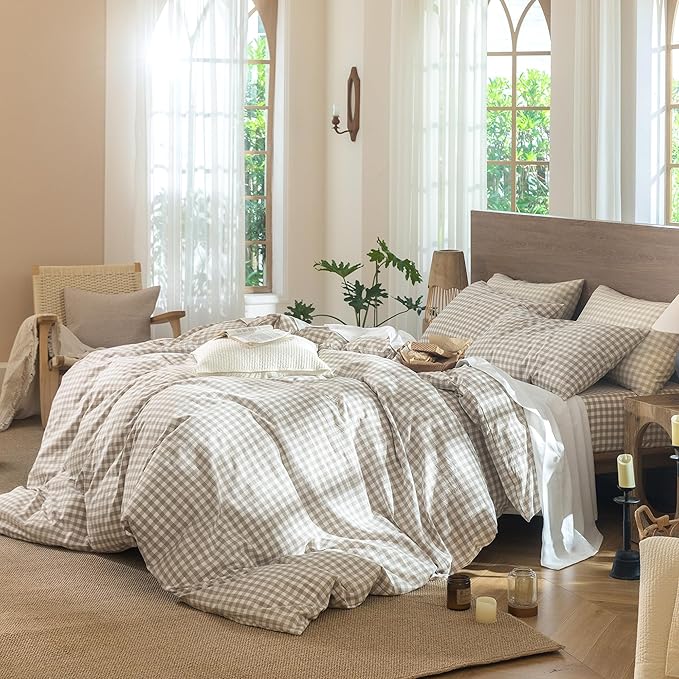 MooMee Gingham Duvet Cover Set 100% Washed Cotton Linen Like Textured Breathable Durable Soft Comfy Modern Checkered Design (Tannish Linen Grey Gingham, Palatial King/Oversized King 120"x98")