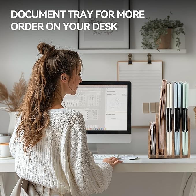 KIRIGEN Wooden Desk Mail Organizer, 5-Slot File Holder and Letter Sorter for Mail, Folders, Bills, Papers, Notebooks, Home Office, Classroom, Countertop, No Assembly, Brown 5KWJJ-DBR