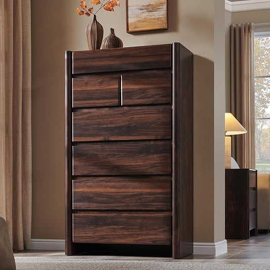 Modern 7 Drawers Dresser for Bedroom, 54.7" Tall Large Dresser & Chests of Drawers w/Rounded Corner, Wood Handleless Organizer Dresser w/Natural Texture for Bedroom, Living Room-Brown